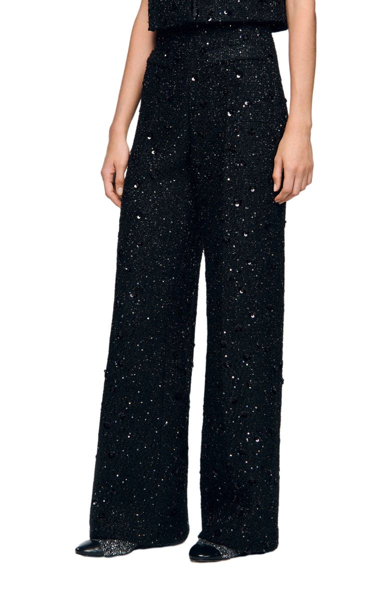SANDRO Rhinestone tweed trousers, Main, color, Black