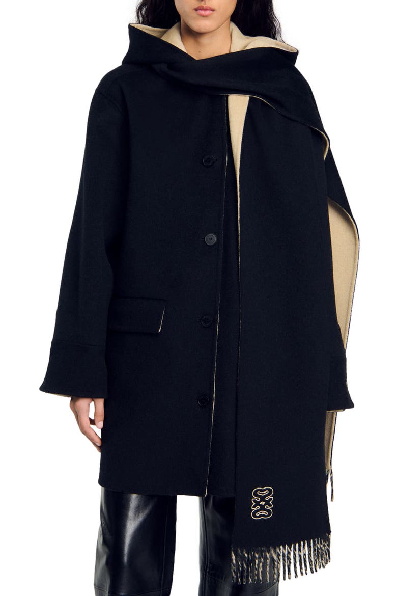 Wool coat with scarf, Alternate, color, Black
