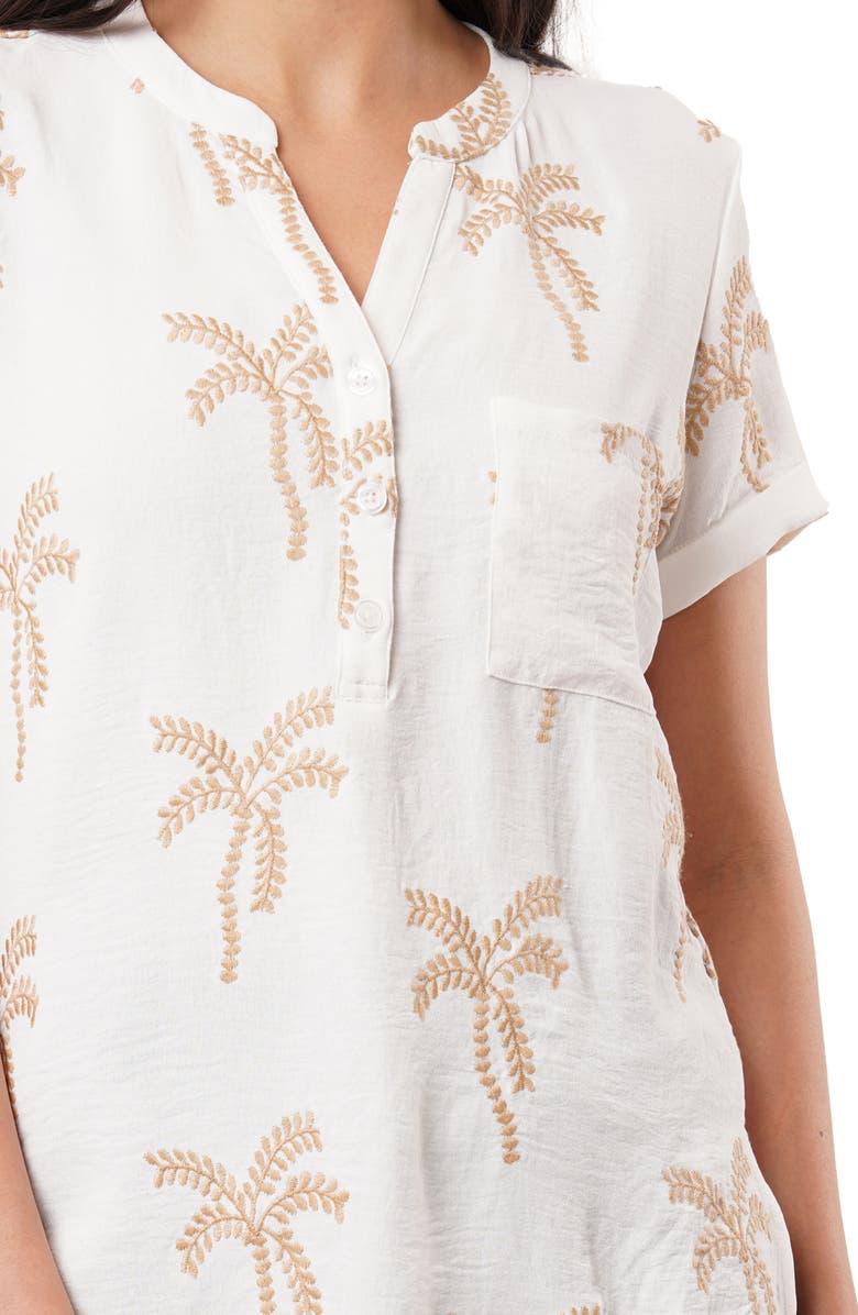 SUNNY LEIGH Palm Tree Embroidered Short Sleeve Button-Up Shirt, Alternate, color, White / Khaki