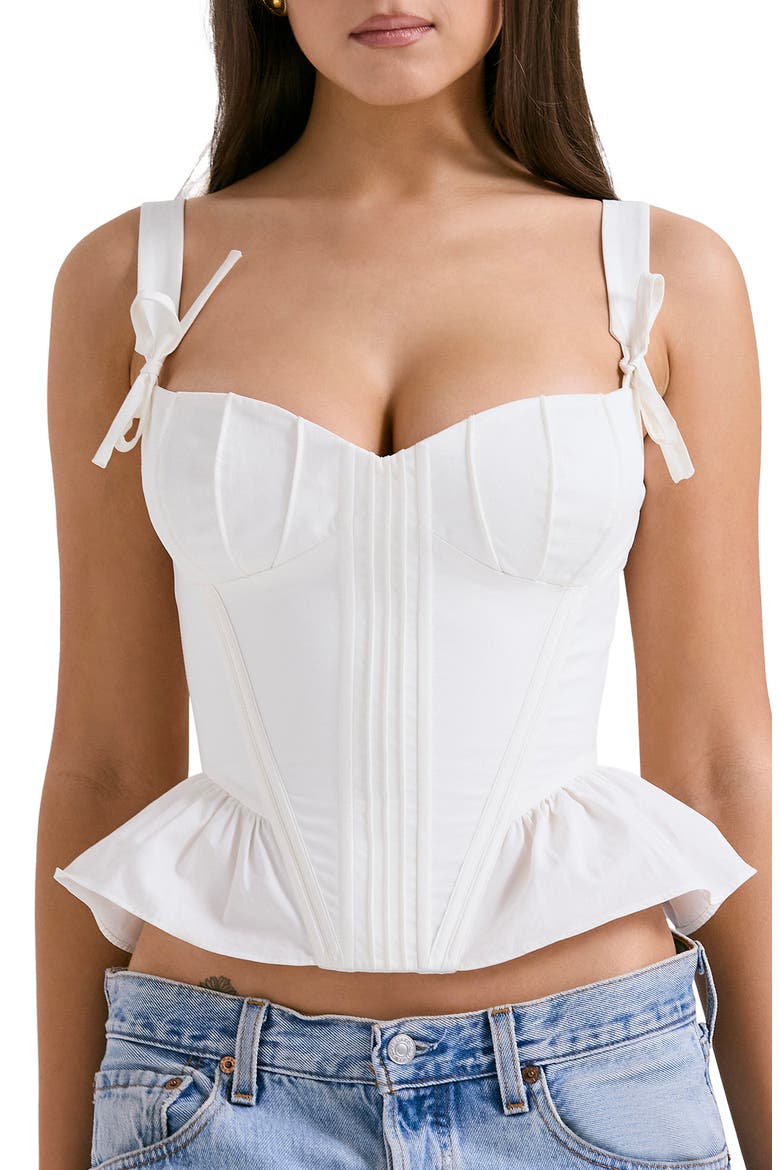 Gigou Bow Strap Peplum Corset Top, Main, color, WHITE