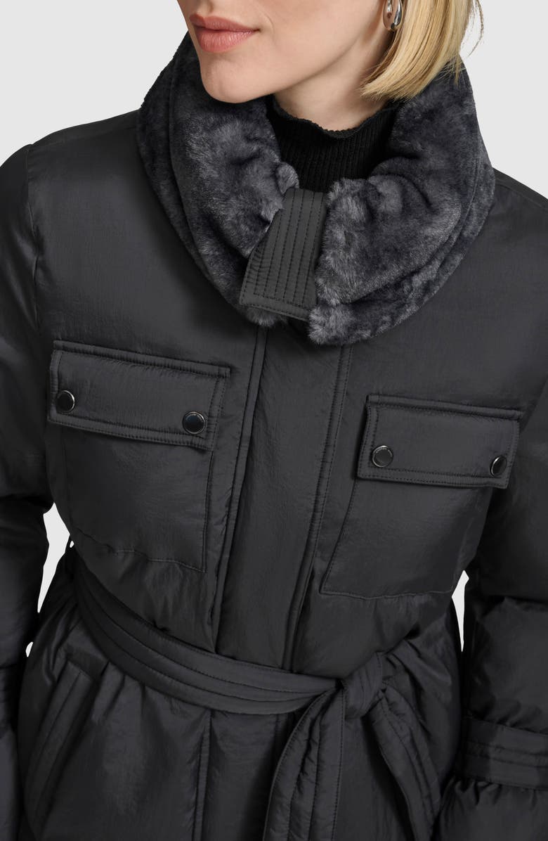 Andrew Marc Laken Faux Fur Trim Belted Puffer Coat, Alternate, color, Black