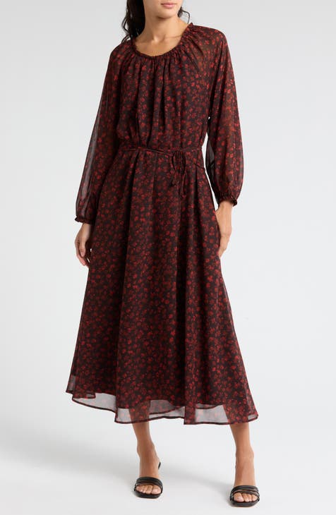 Floral Long Sleeve Chiffon Maxi Dress