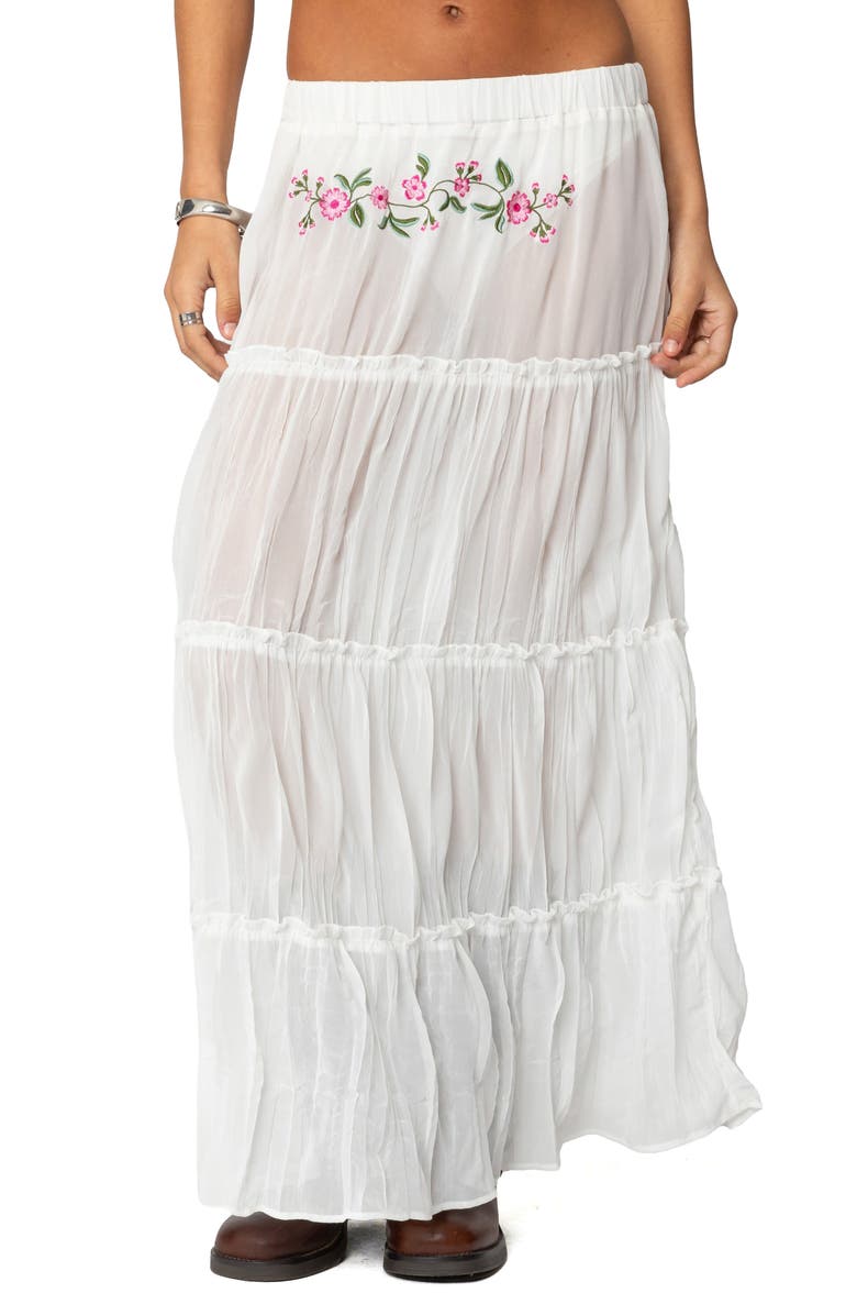 EDIKTED Tai Floral Embroidery Tiered Maxi Skirt, Main, color, White