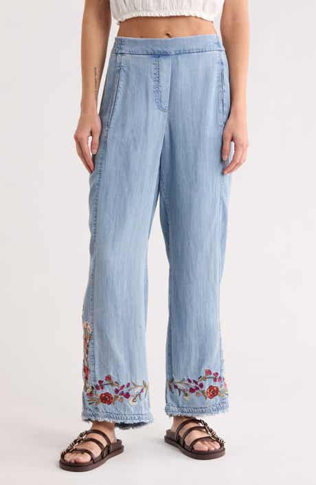 T Tahari Floral Embroidered Chambray Pull-On Pants