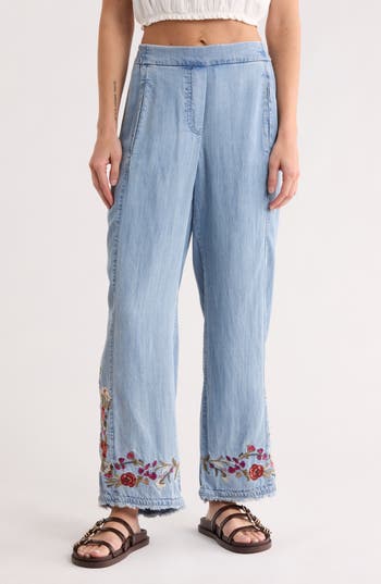 T Tahari Floral Embroidered Chambray Pull-on Pants