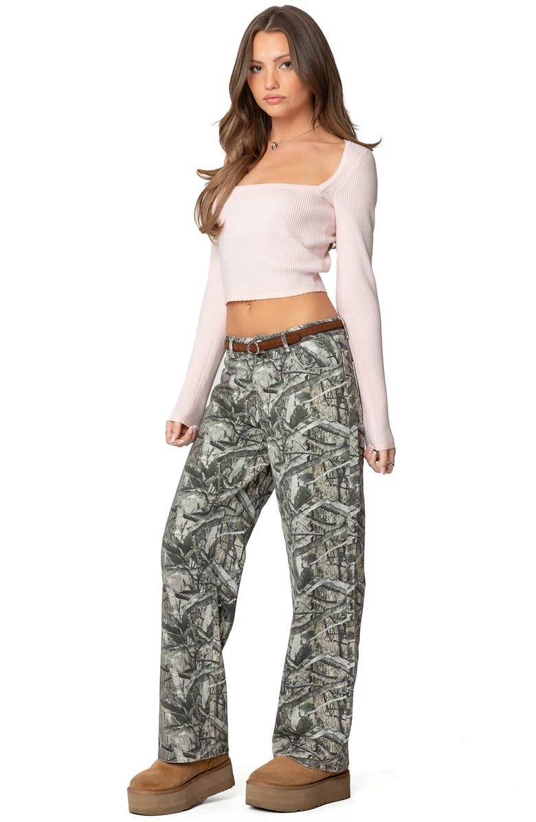 EDIKTED Square Neck Long Sleeve Crop Top, Alternate, color, Light-Pink