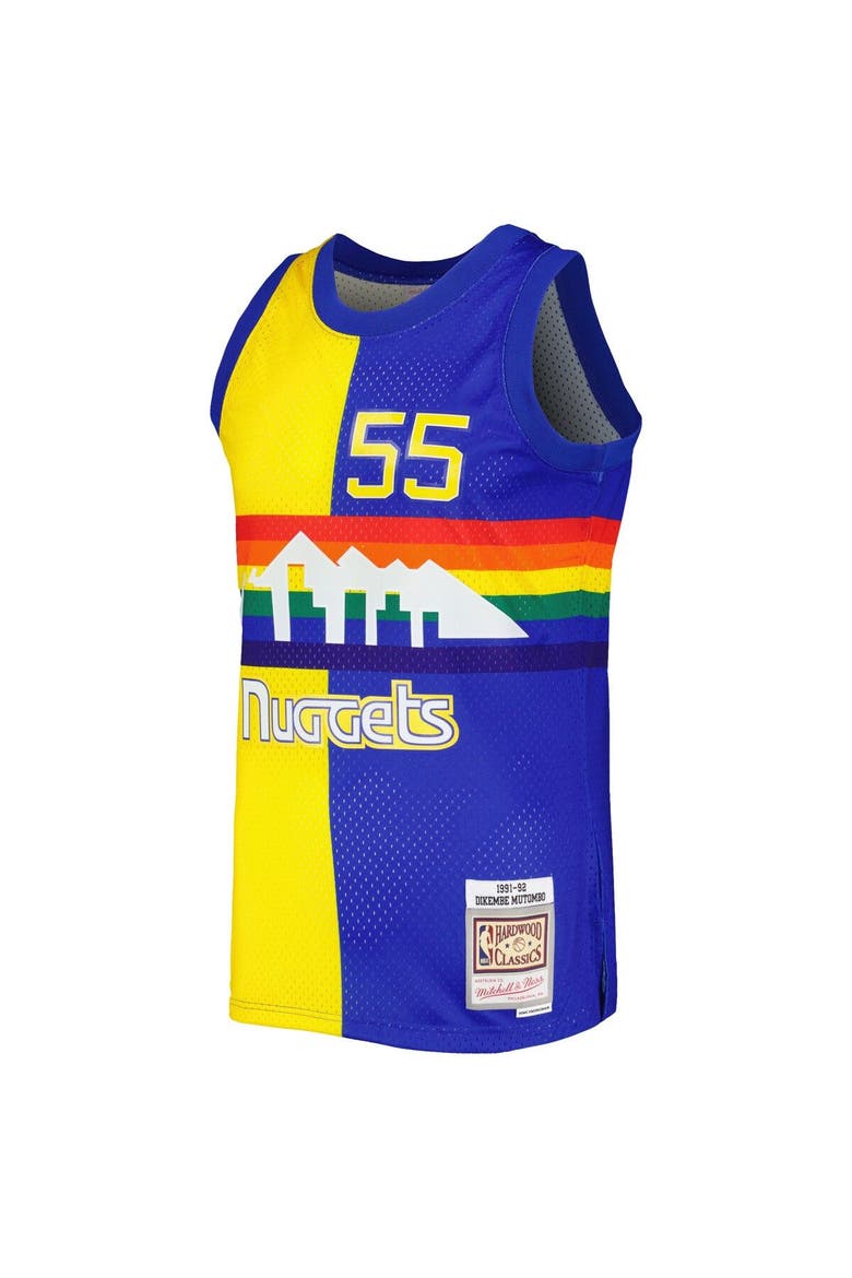 Men's Mitchell & Ness Dikembe Mutombo Royal/Gold Denver Nuggets Hardwood Classics 1991/92 Split Swingman Jersey, Alternate, color, Royal