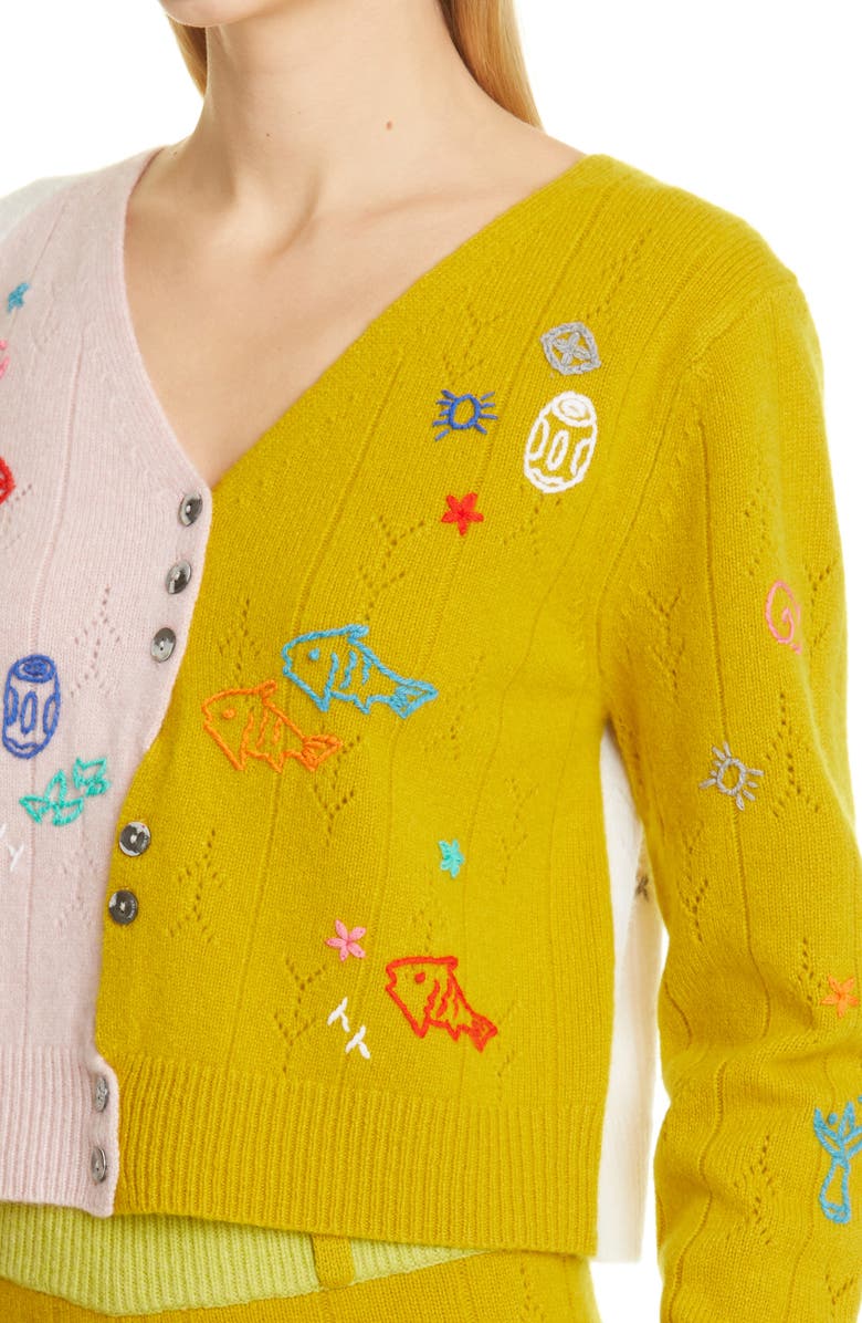 YanYan Curious Embroidered Colorblock Lambswool Cardigan, Alternate, color, 