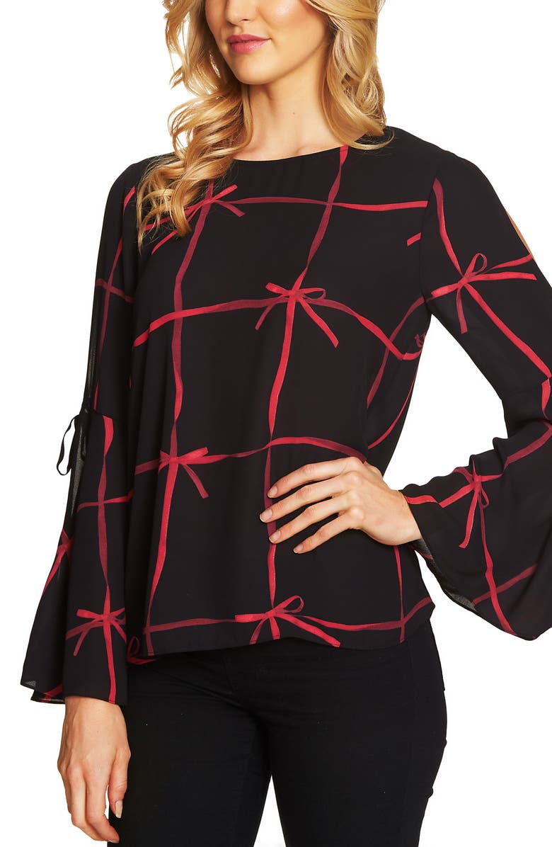 CeCe Lattice Ribbons Bell Sleeve Blouse | Nordstrom
