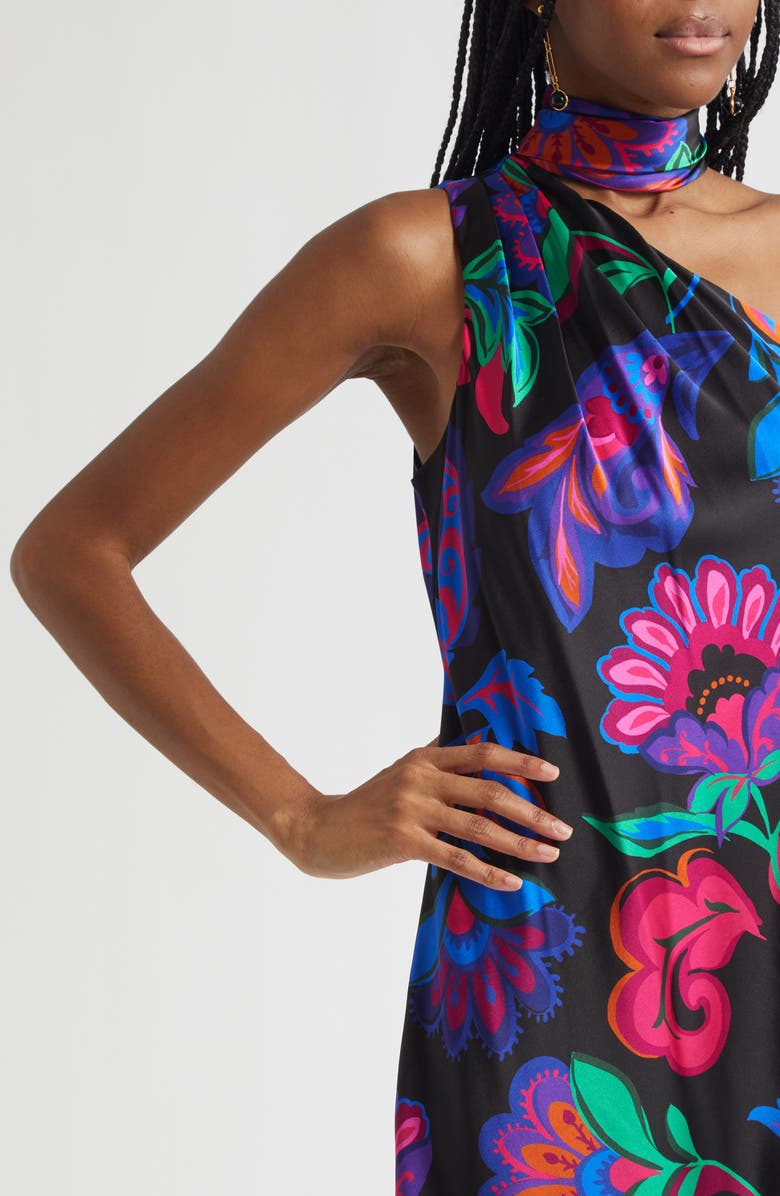 Ramy Brook Dolly Asymmetric Stretch Silk Minidress, Alternate, color, Black Multi Floral