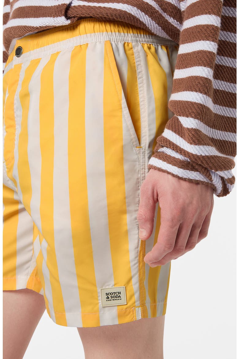Striped Mid Length Swim Trunks, Alternate, color, YELLOW SUN STRIPE