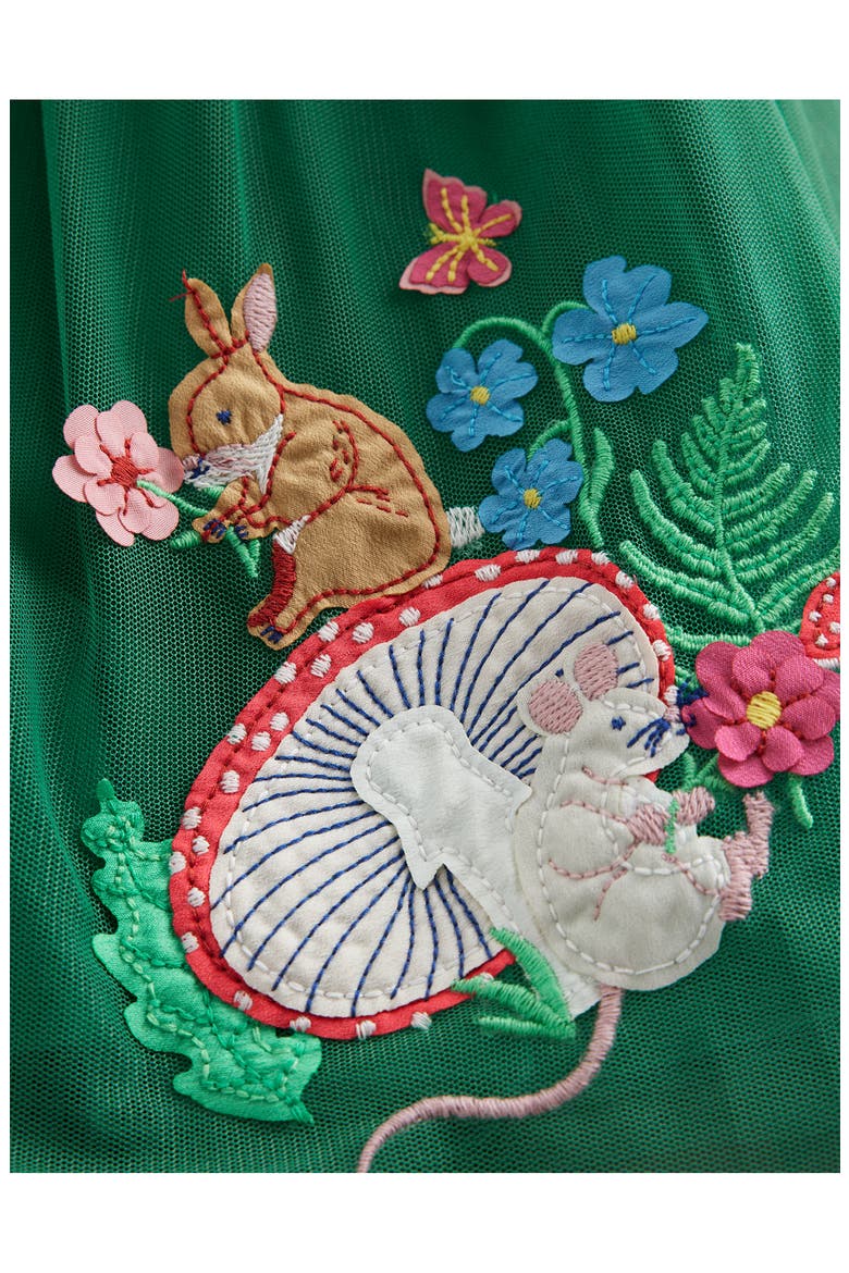 Kids' Appliqué Long Sleeve Velvet & Tulle Dress, Alternate, color, ALPINE GREEN WOODLAND ANIMALS