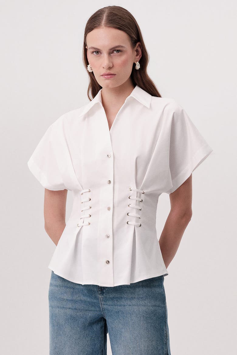 Mollie Shirt Collar Front Tie Fitted Shirt, Alternate, color, Ecru