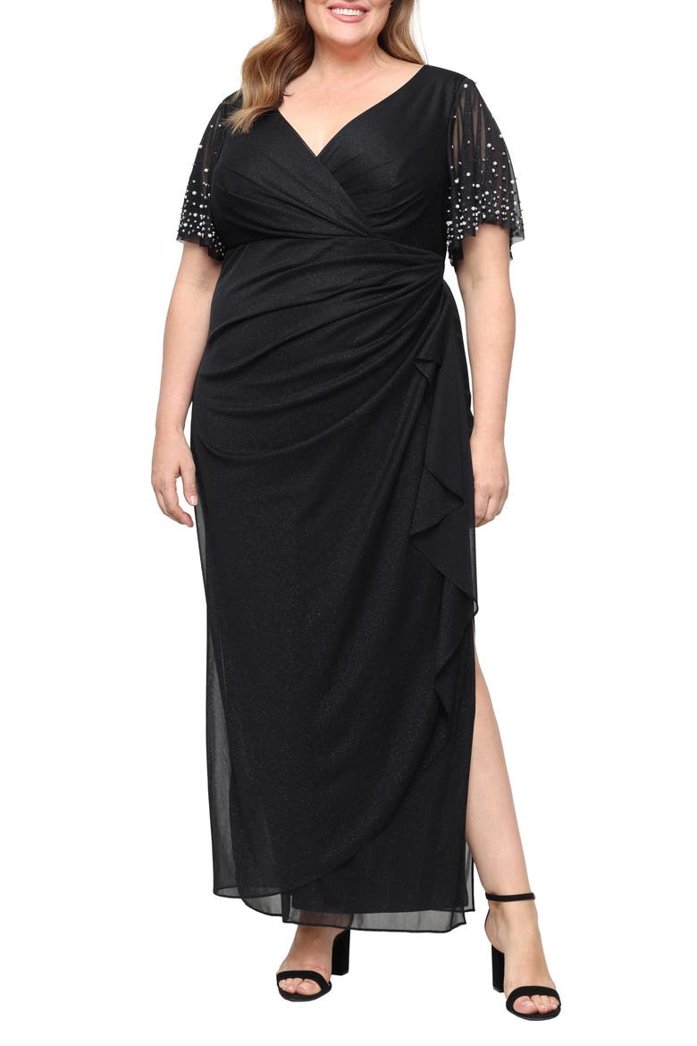 Metallic Embellished Flutter Sleeve Cocktail Dress, Main, color, BLACK