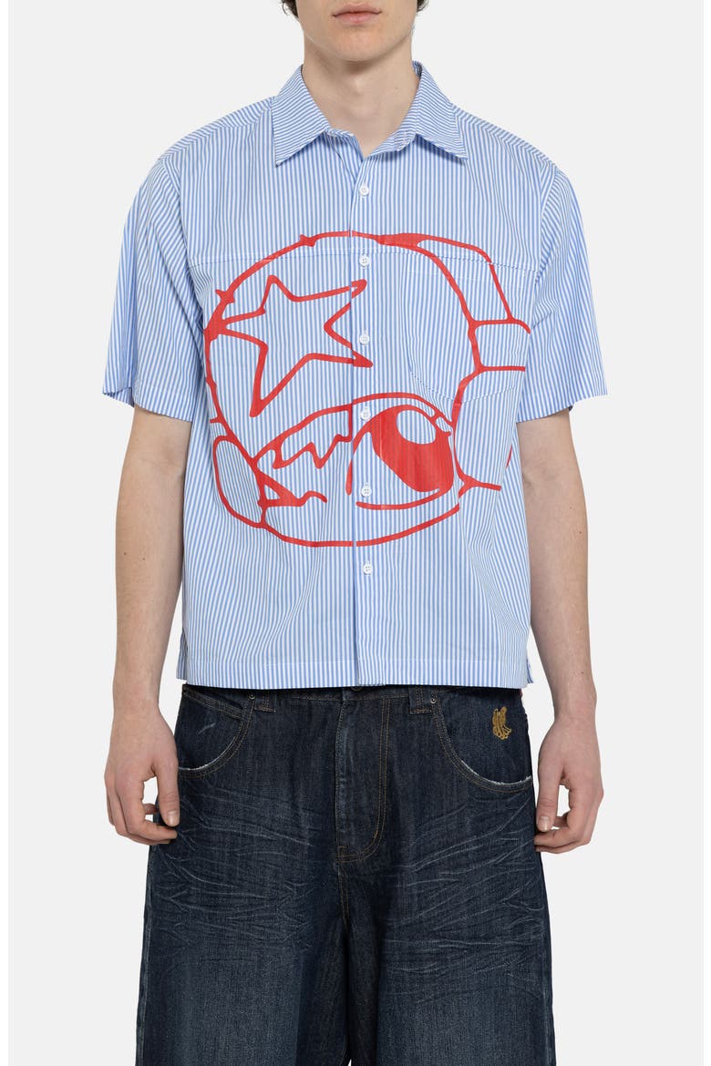 Poster Stripe Short Sleeve Graphic Button-Up Shirt, Main, color, BLUE