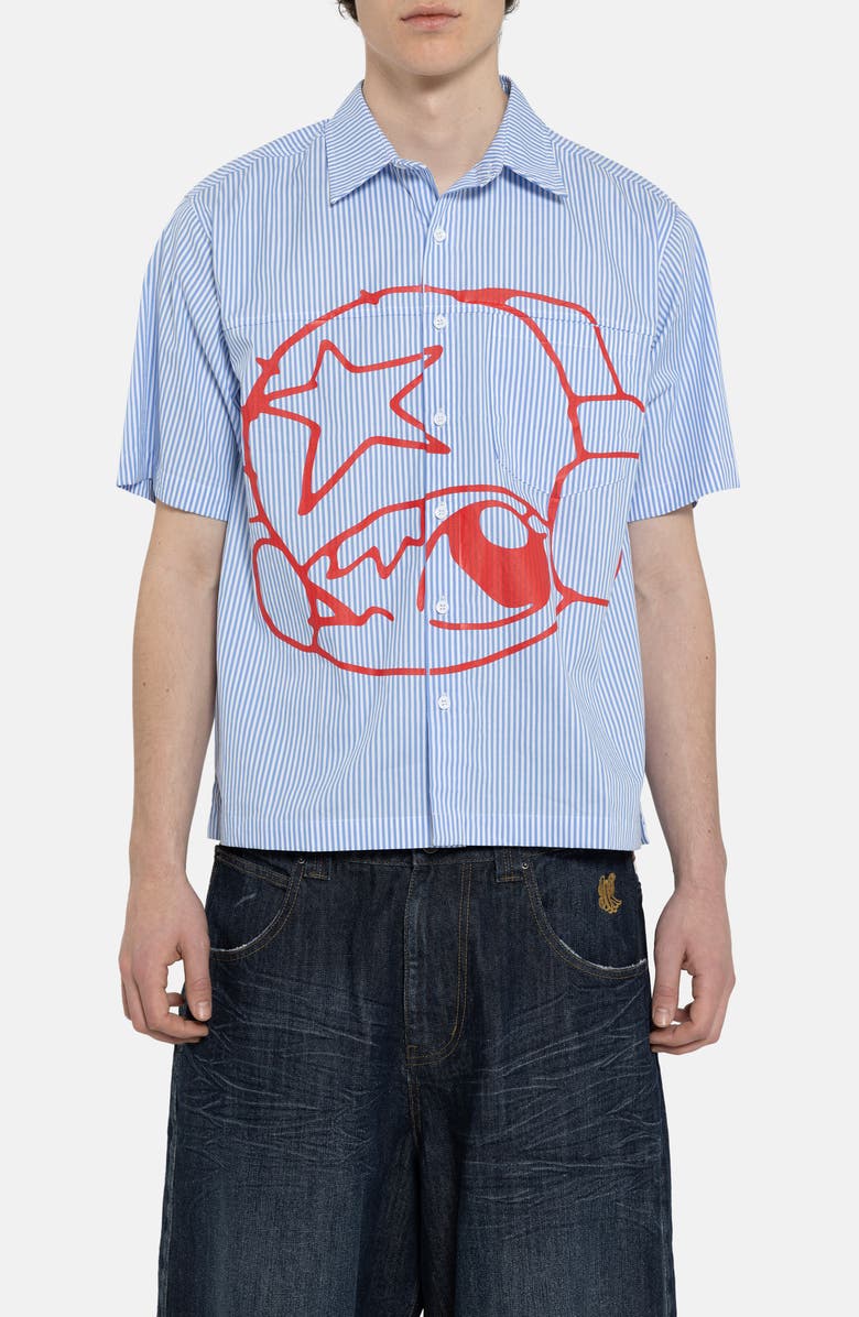JADED LONDON Poster Stripe Short Sleeve Graphic Button-Up Shirt, Main, color, Blue