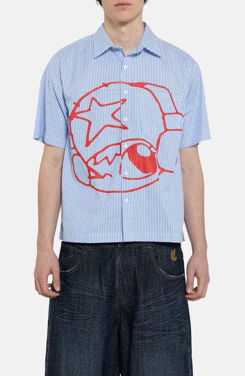 Poster Stripe Short Sleeve Graphic Button-Up Shirt