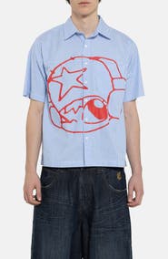 JADED LONDON Poster Stripe Short Sleeve Graphic Button-Up Shirt
