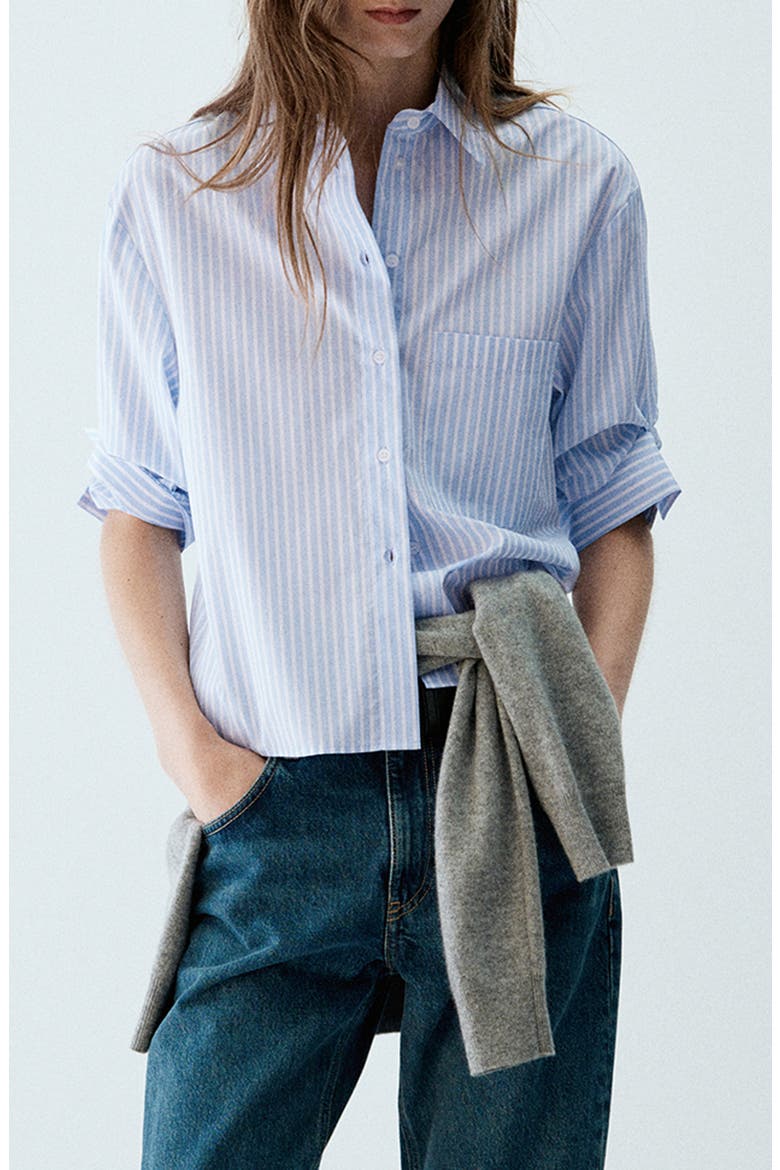 Striped Cropped Cotton Shirt, Main, color, SKY BLUE