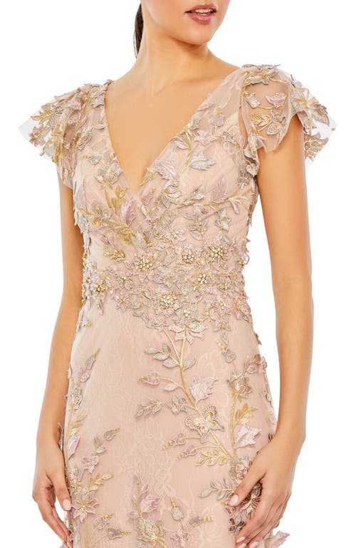 Mac Duggal Embroidered Applique Wrap Over Flutter Sleeve Gown In Rose Gold