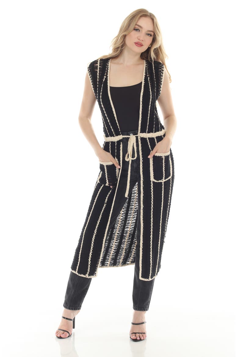 Stripe Crochet Sleeveless Duster, Alternate, color, BLACK