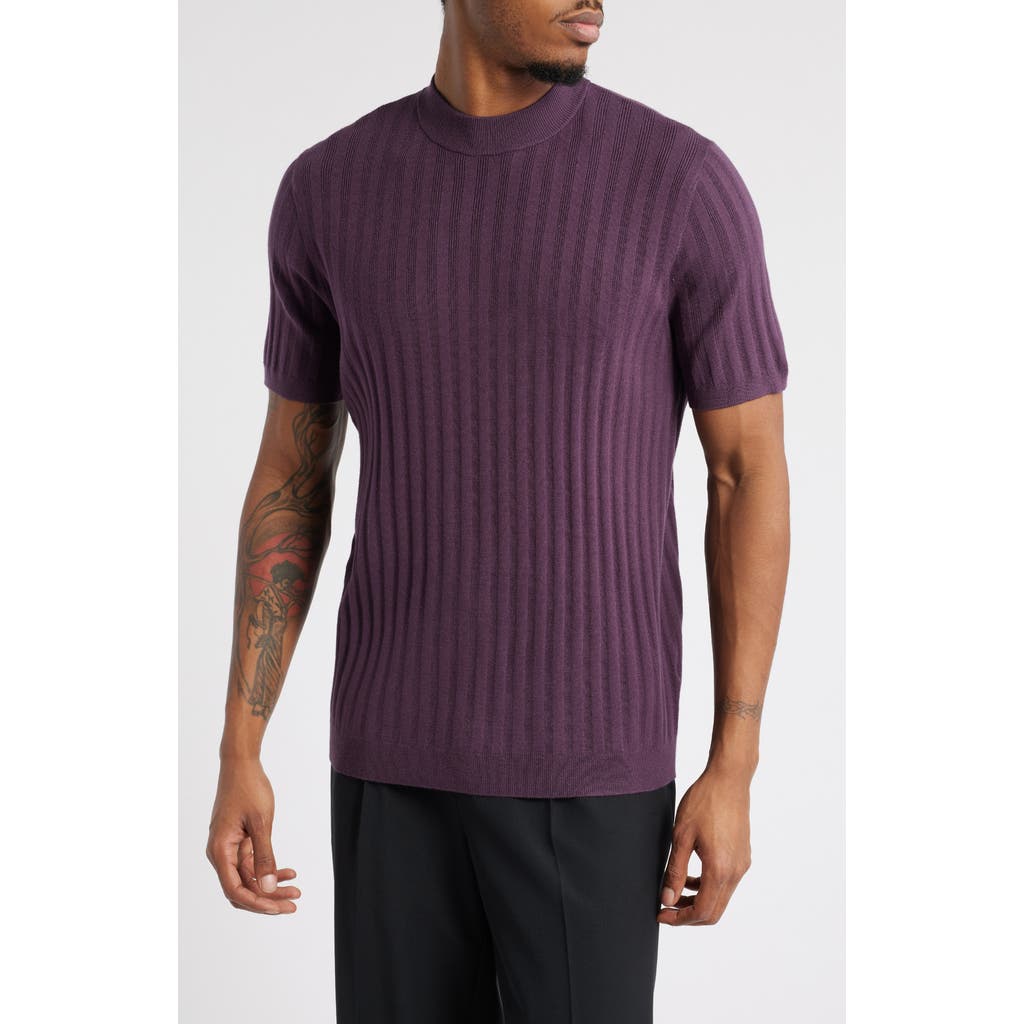 Open Edit Ribbed Short Sleeve Mock Neck Sweater In Purple Plum