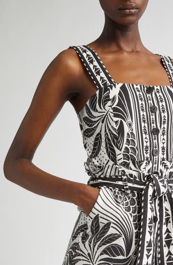 Monochrome Elegance Scarf Print Belted Linen Blend Romper