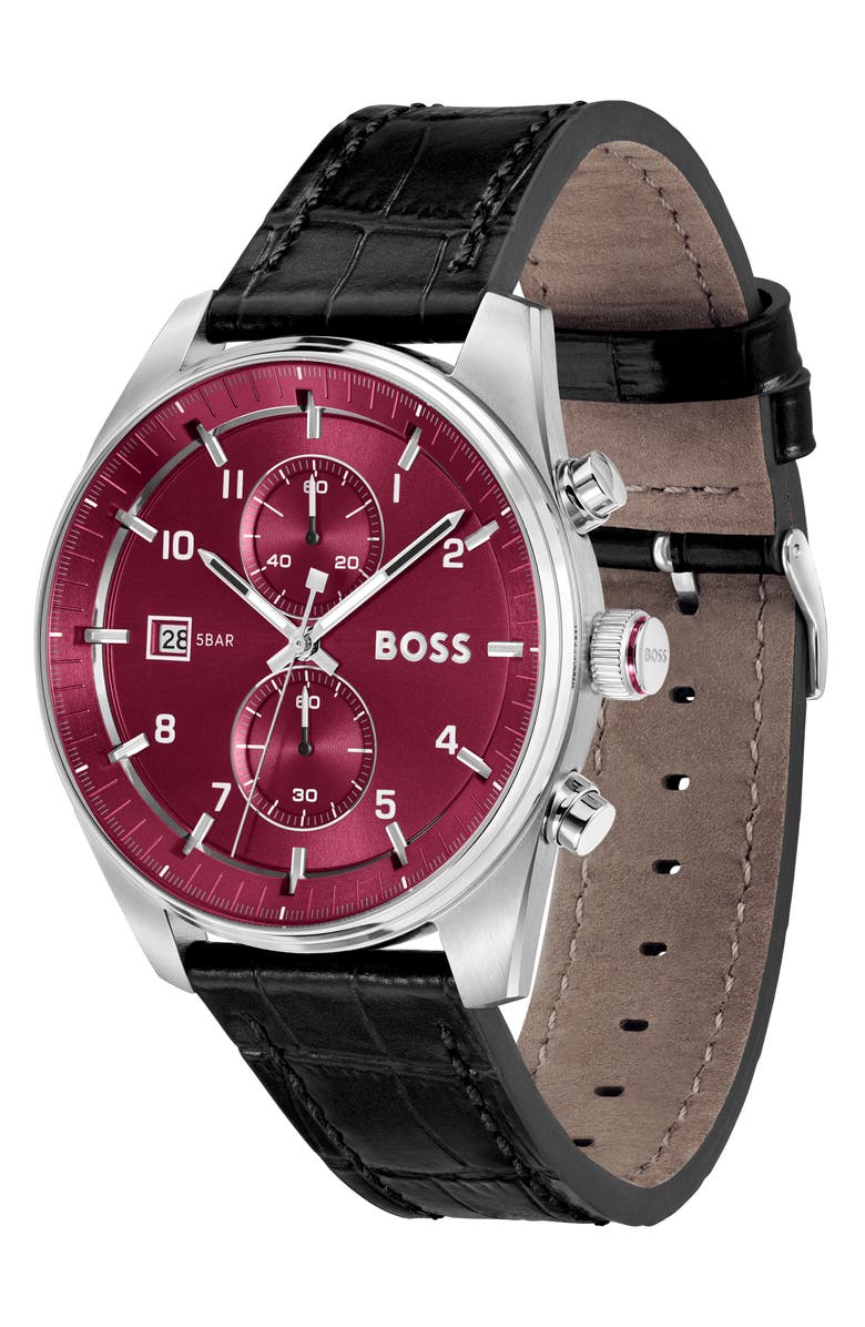 BOSS Skytraveller Chronograph Croc Embossed Leather Strap Watch, 44mm, Alternate, color, Red Dial