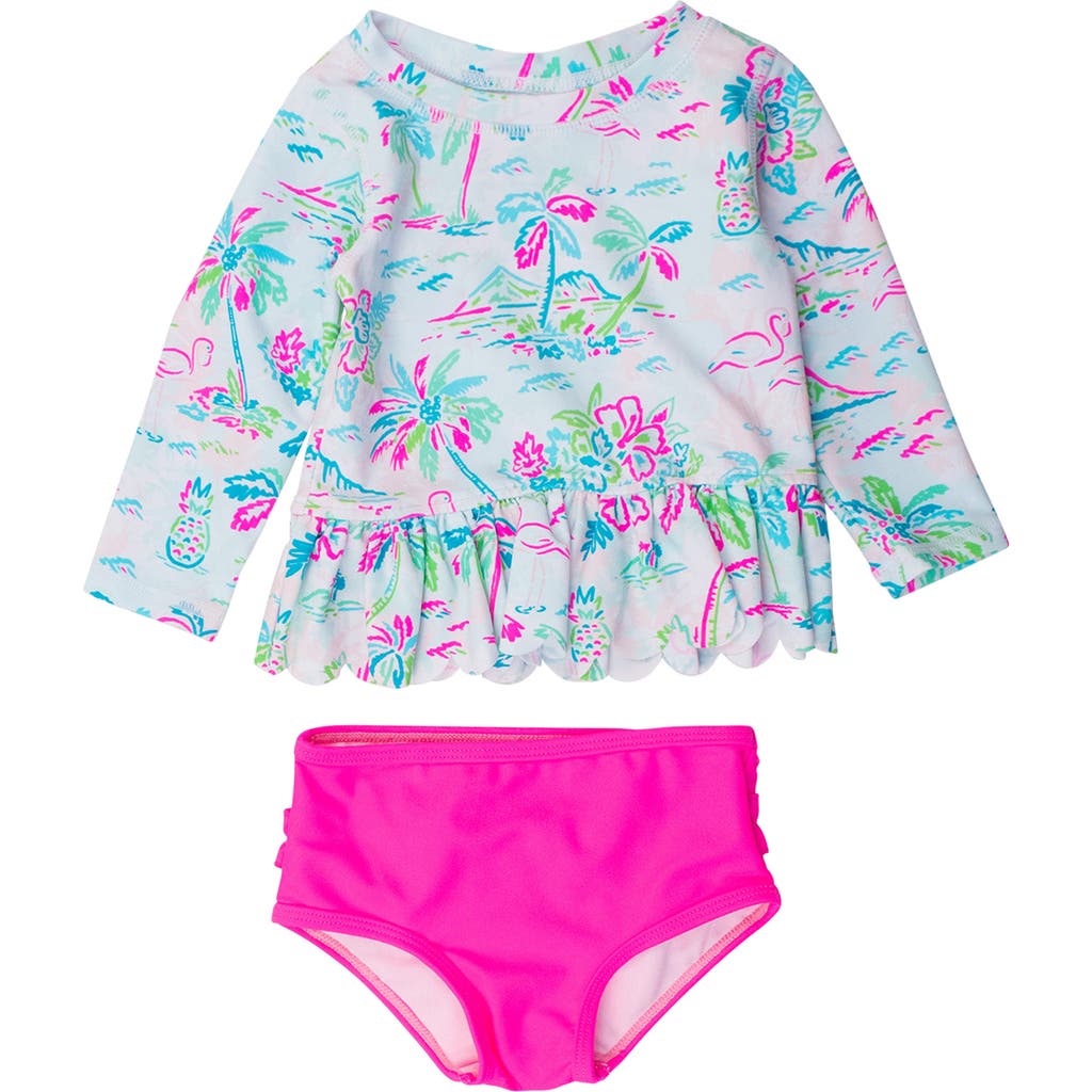 Rufflebutts Girls Upf50+ Sun Protected Scallop Hem Long Sleeve Rash Guard Bikini In Tropical Resort