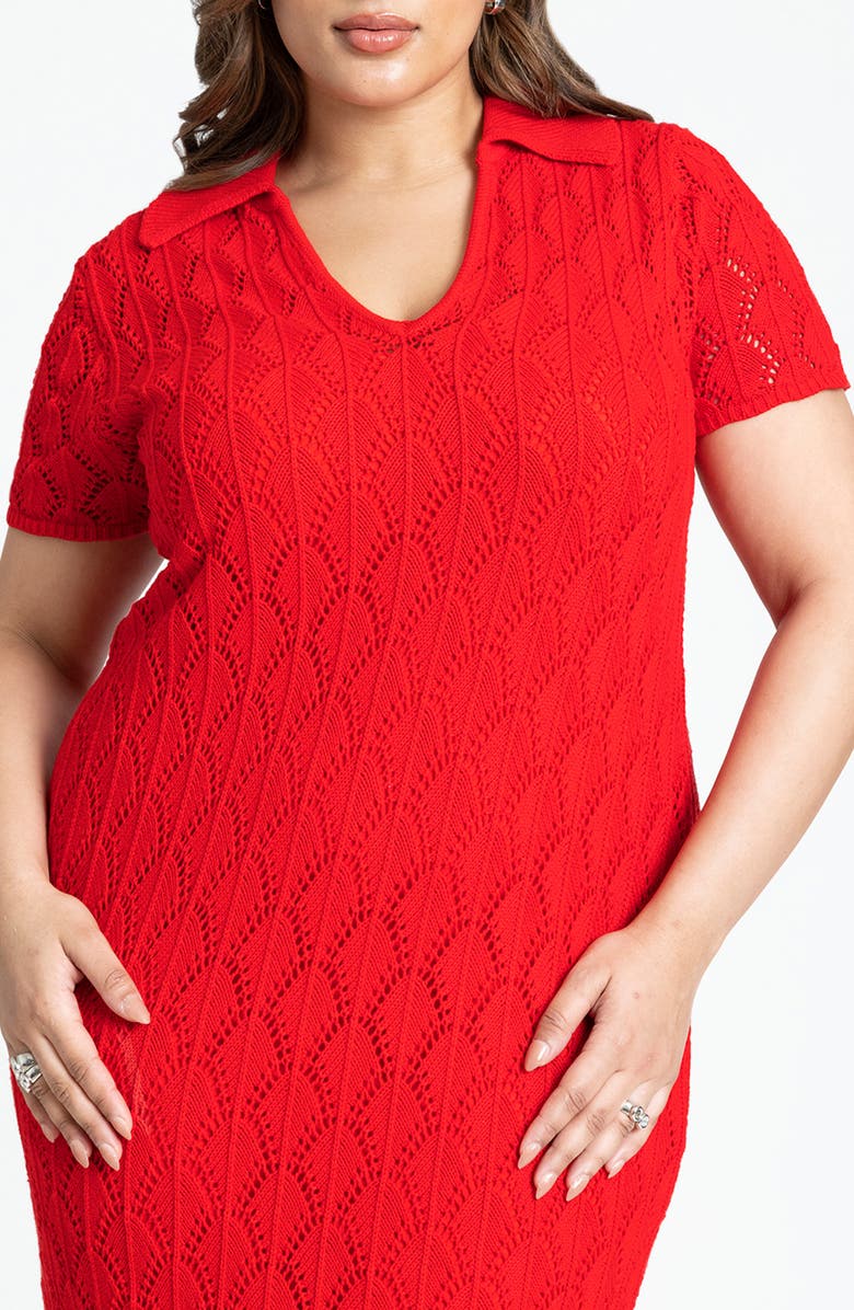 ELOQUII Pointelle Stitch Fringe Trim Maxi Sweater Dress, Alternate, color, 