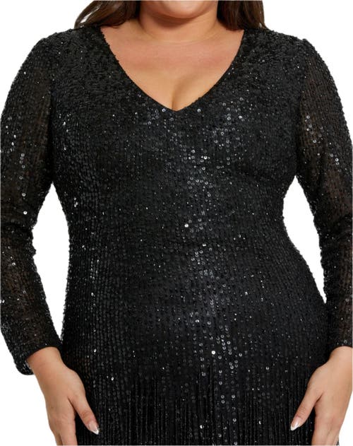 Mac Duggal Long Sleeve V Beck Beaded Fringe Gown In Black