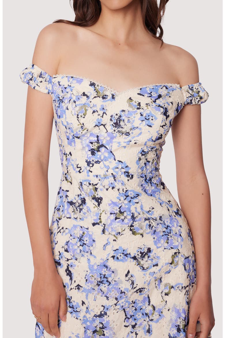 Light of Iris Floral Print Off the Shoulder Dress, Alternate, color, BLUE-FLORAL