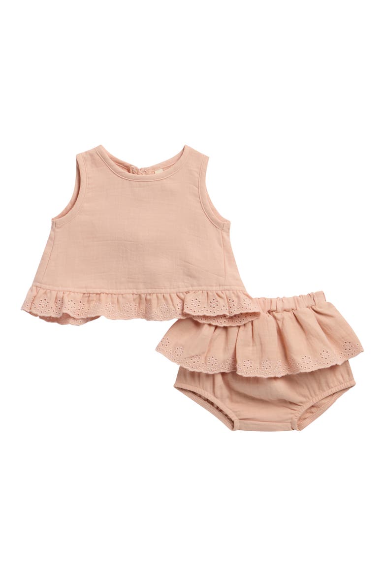 Embroidered Ruffle Trim Tulip Top & Bloomers Set, Main, color, MELON