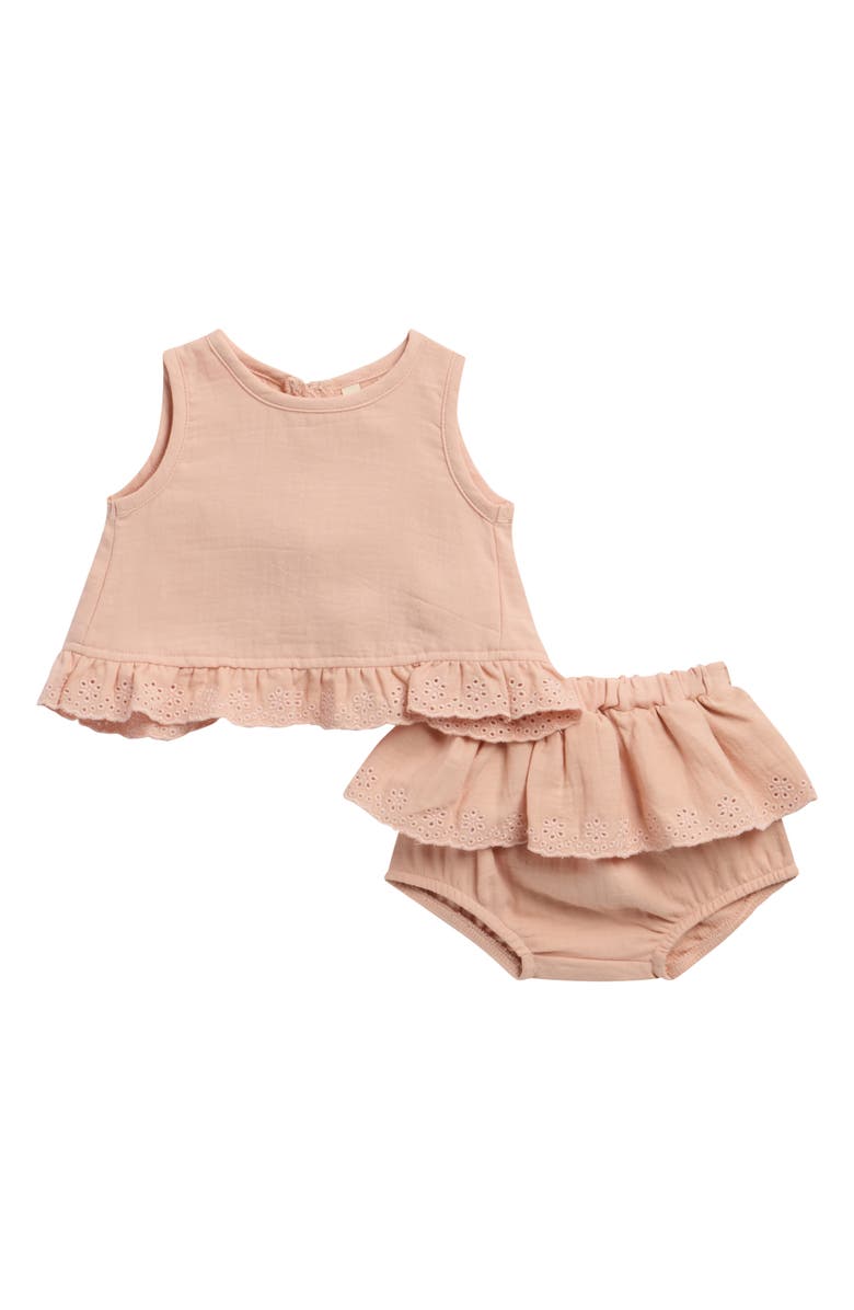 QUINCY MAE Embroidered Ruffle Trim Tulip Top & Bloomers Set, Main, color, Melon