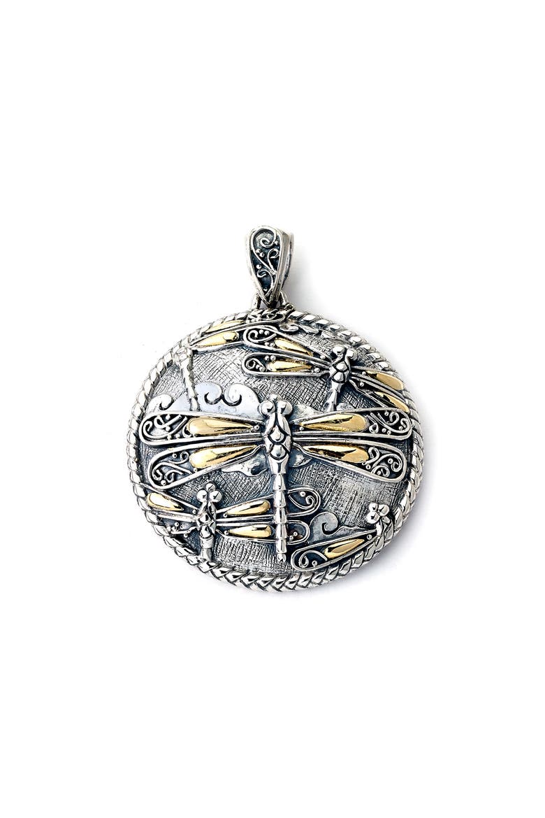 Sterling Silver & 18K Gold Dragonfly Round Pendant, Main, color, SILVER AND GOLD