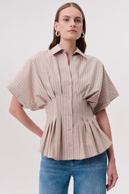 Exquise Nataly Collar Pleated Fitted Striped Shirt