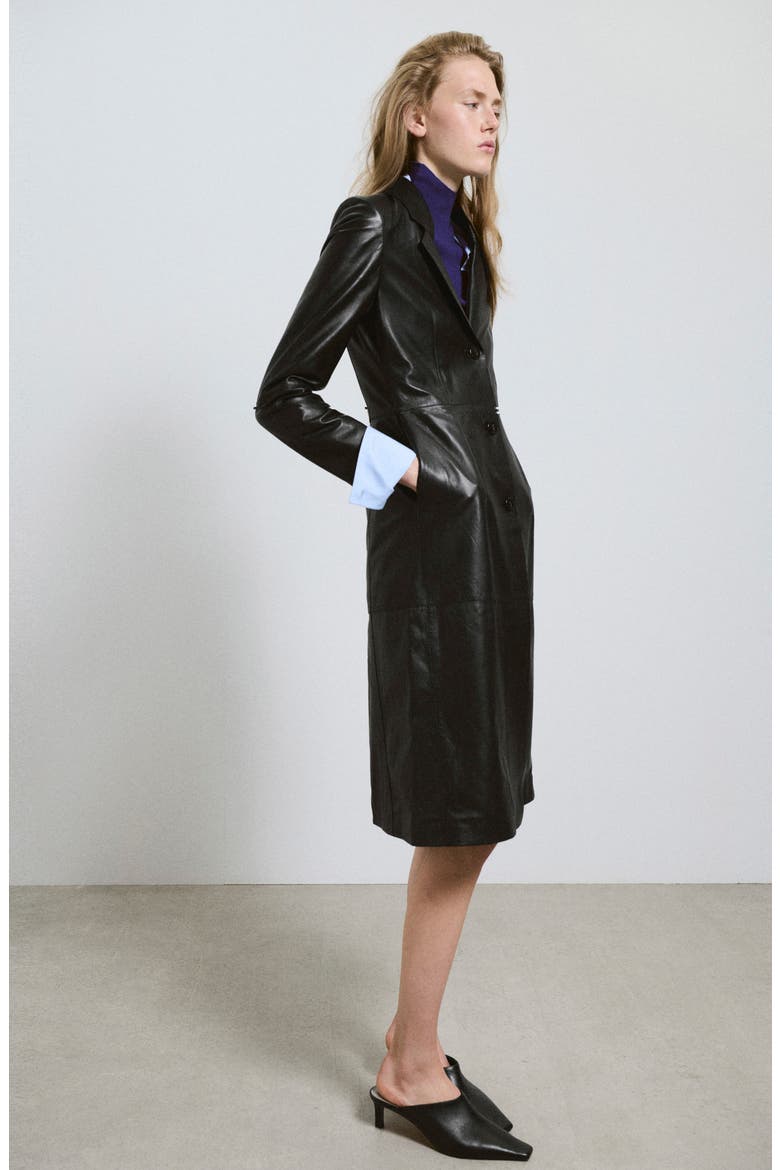 Peak Lapel Leather Coat, Alternate, color, BLACK