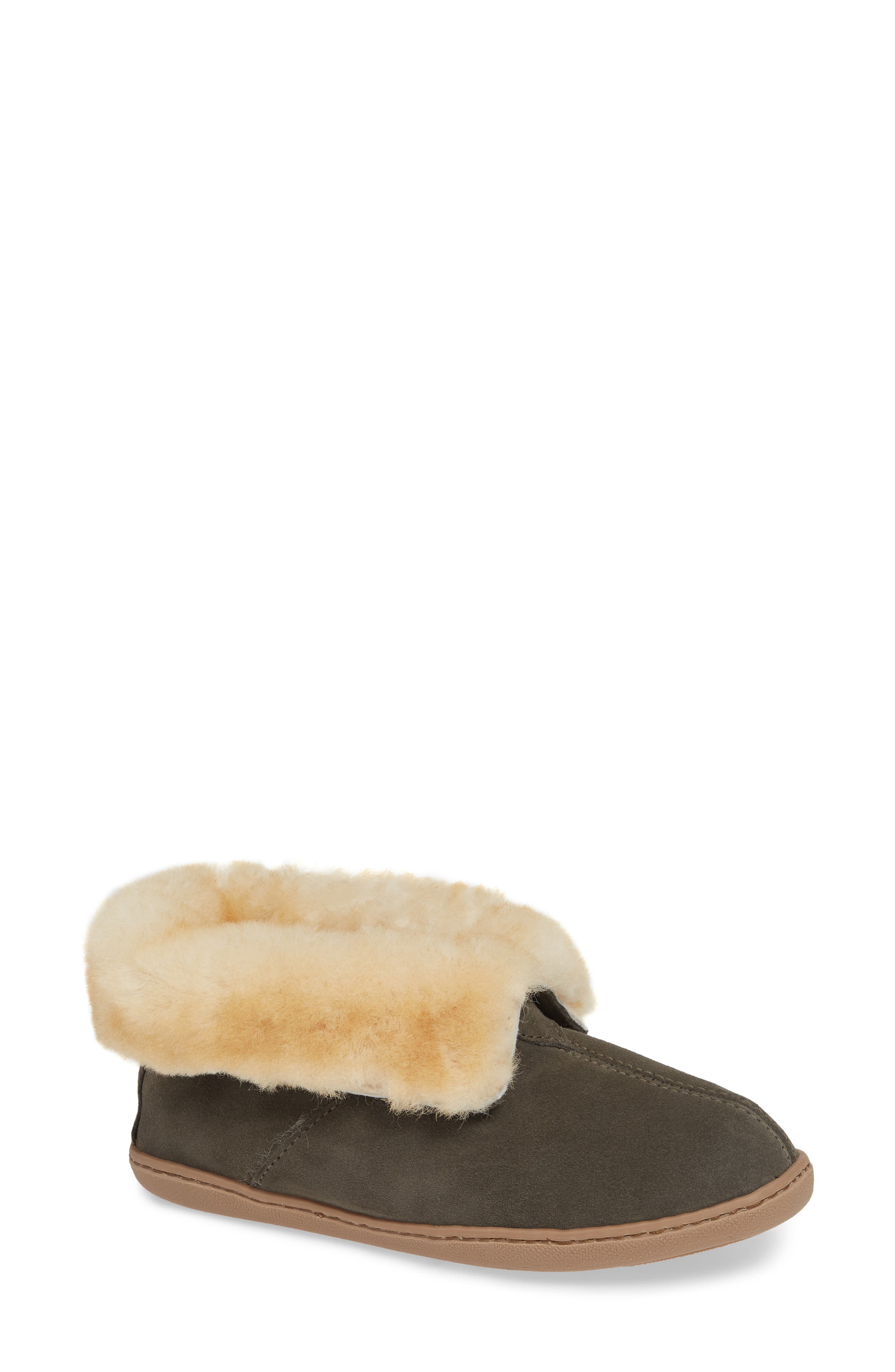 Minnetonka Sheepskin Slipper Bootie, Main, color, Grey Suede