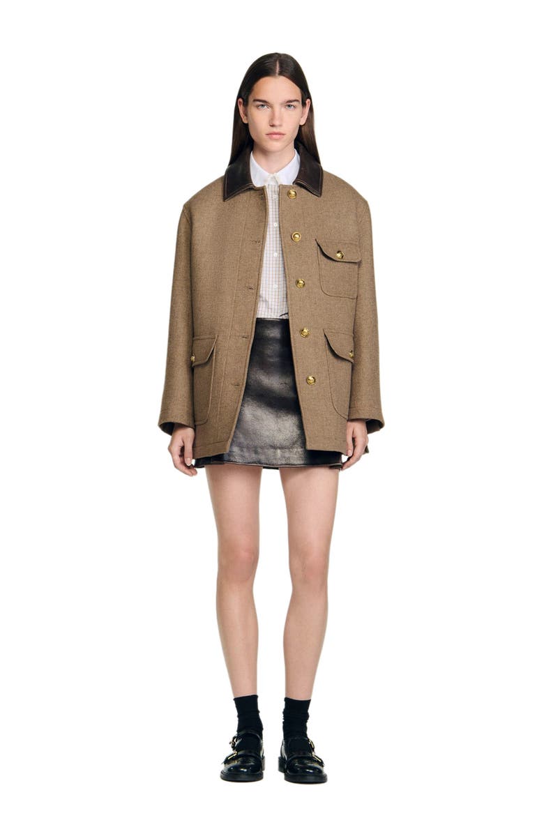 SANDRO Tweed coat, Alternate, color, Caramel