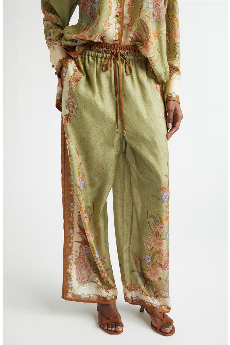 Indra Border Print Relaxed Silk Wide Leg Pants, Main, color, KHAKI SCARF FLORAL