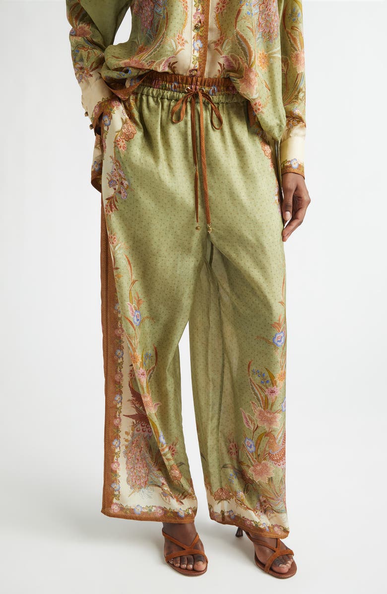 Zimmermann Indra Border Print Relaxed Silk Wide Leg Pants, Main, color, Khaki Scarf Floral