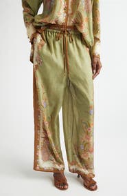 Zimmermann Indra Border Print Relaxed Silk Wide Leg Pants