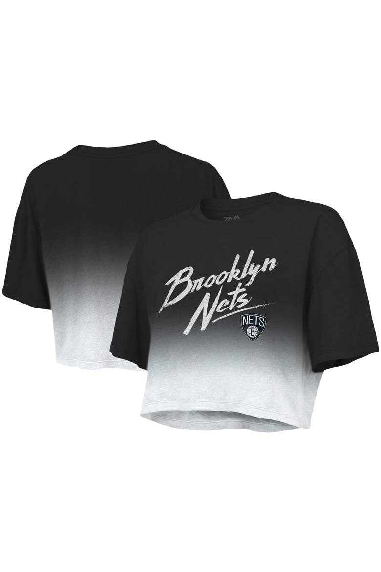 Women's Majestic Threads Black/White Brooklyn Nets Dirty Dribble Tri-Blend Cropped T-Shirt, Main, color, Black