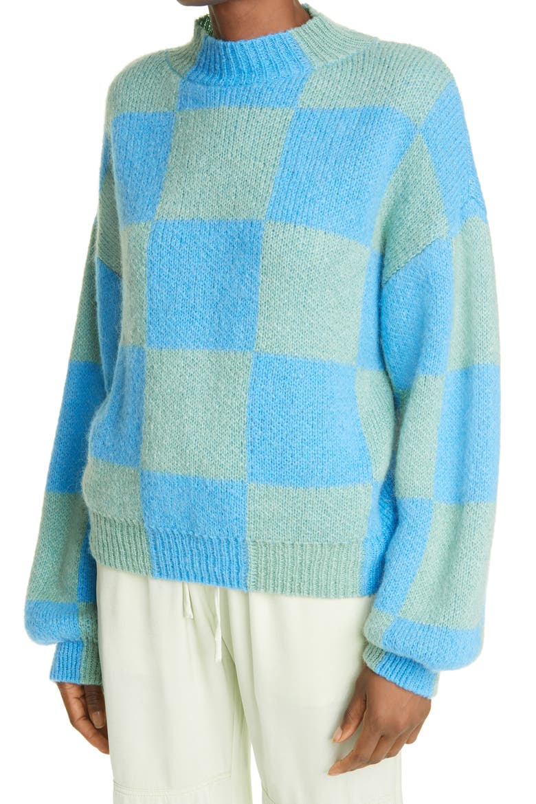Adonis Checkerboard Balloon Sleeve Sweater, Alternate, color, AQUA