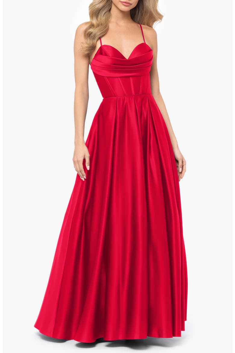 Corset Bodice Satin A-Line Gown, Main, color, RED
