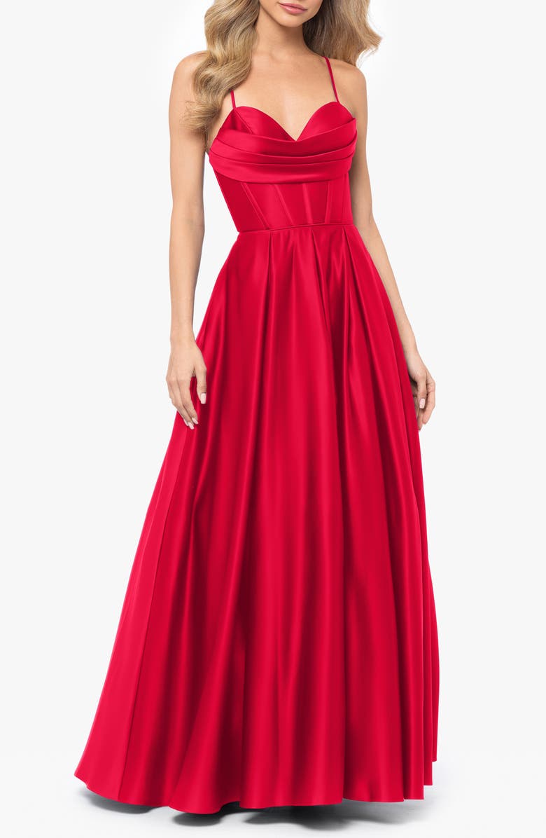 Blondie Nites Corset Bodice Satin A-Line Gown, Main, color,