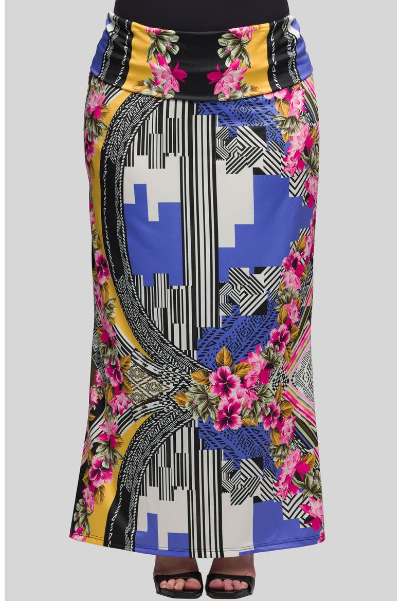 Print Foldover Waist Maxi Skirt, Main, color, BLUE MULTI