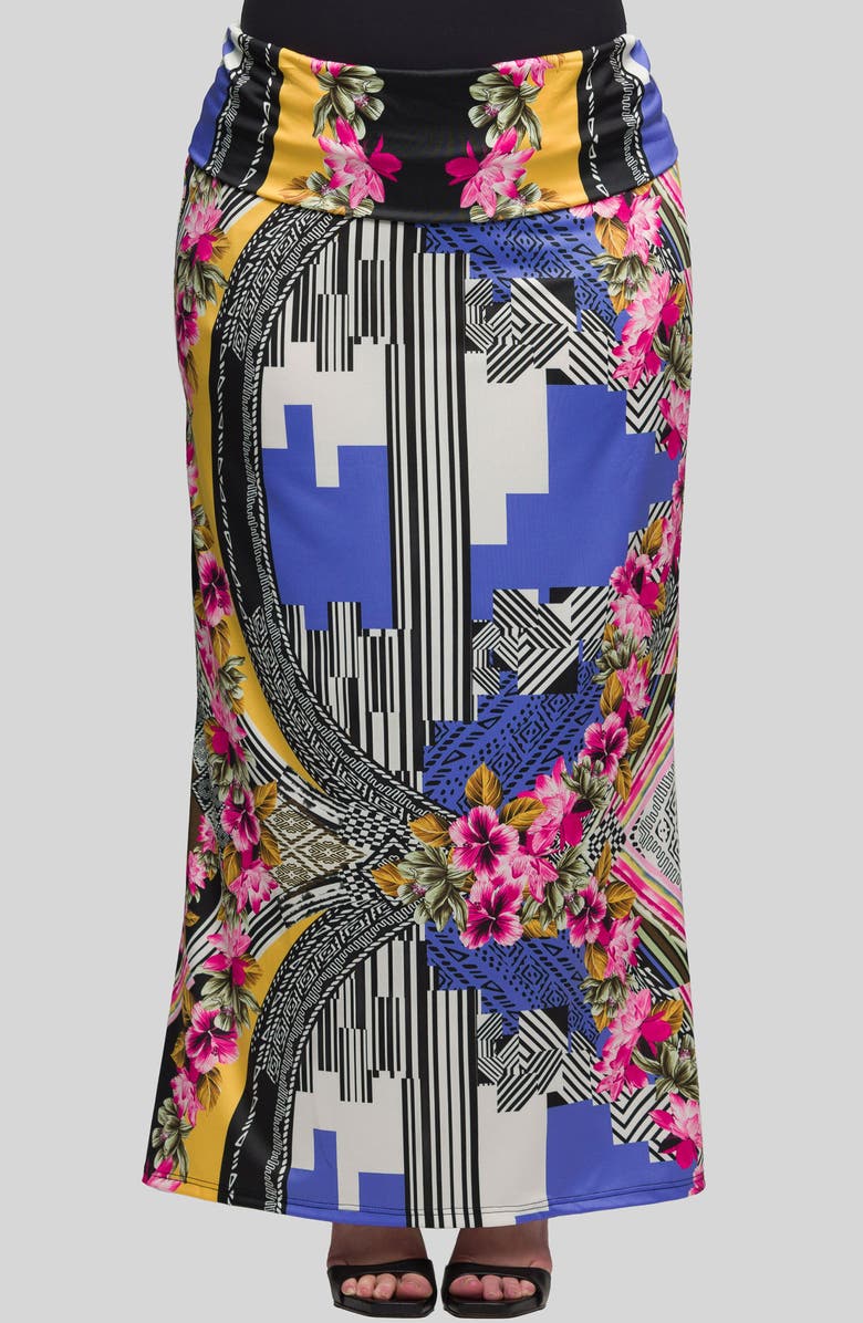 24seven Comfort Apparel Print Foldover Waist Maxi Skirt, Main, color, Blue Multi