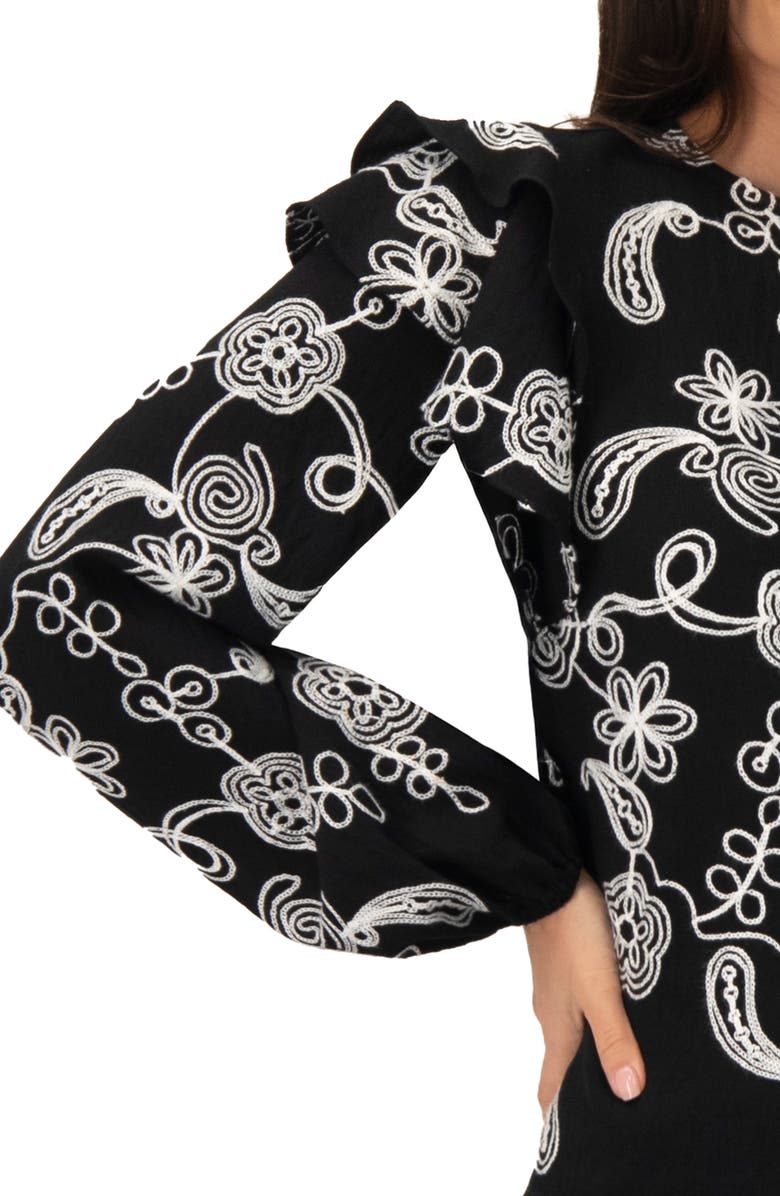 IVONNE Blouse with White Embroidery and Ruffle Detail, Alternate, color, Black