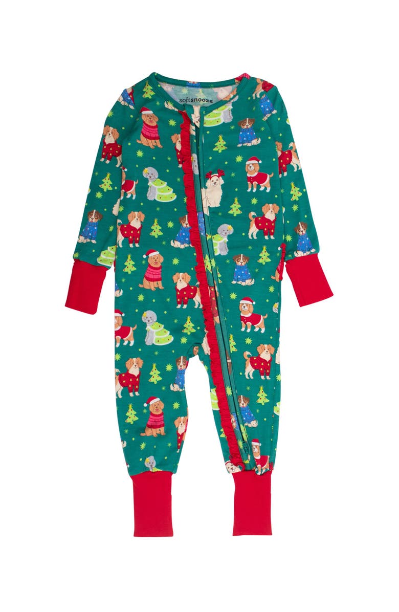 RuffleButts Girls SoftSnooze Holiday Convertible Ruffle One Piece Pajama, Main, color, Paw-Liday Pals